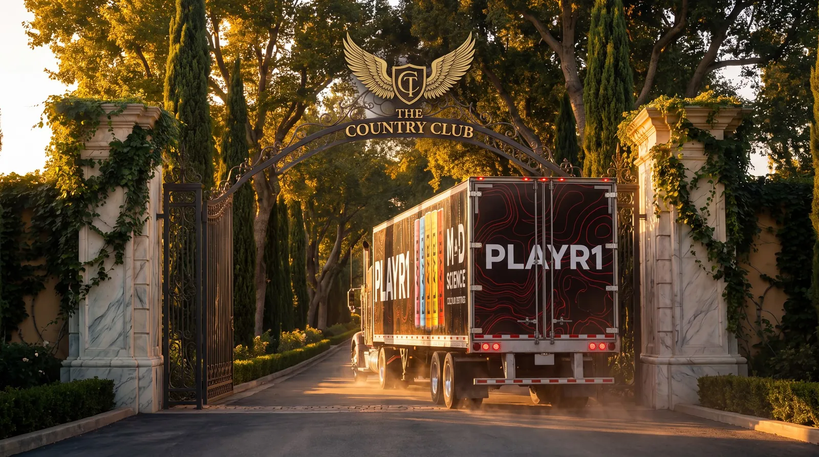 PLAYR1 truck passing under the crest at The Country C1ub gates