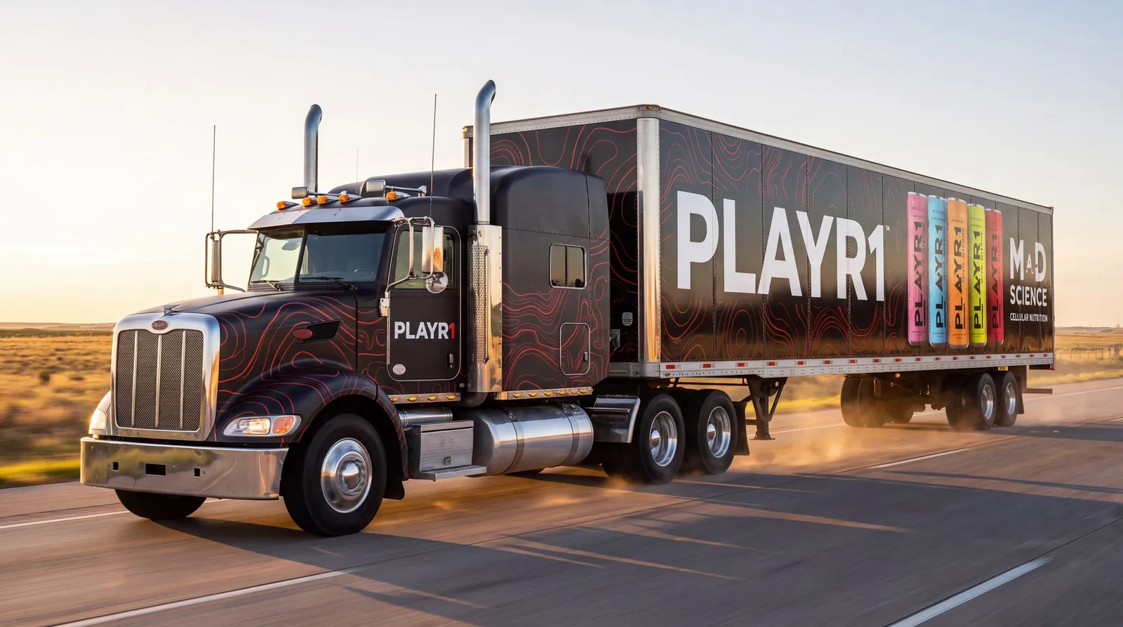 PLAYR1 branded 18-wheeler on a black highway at golden hour