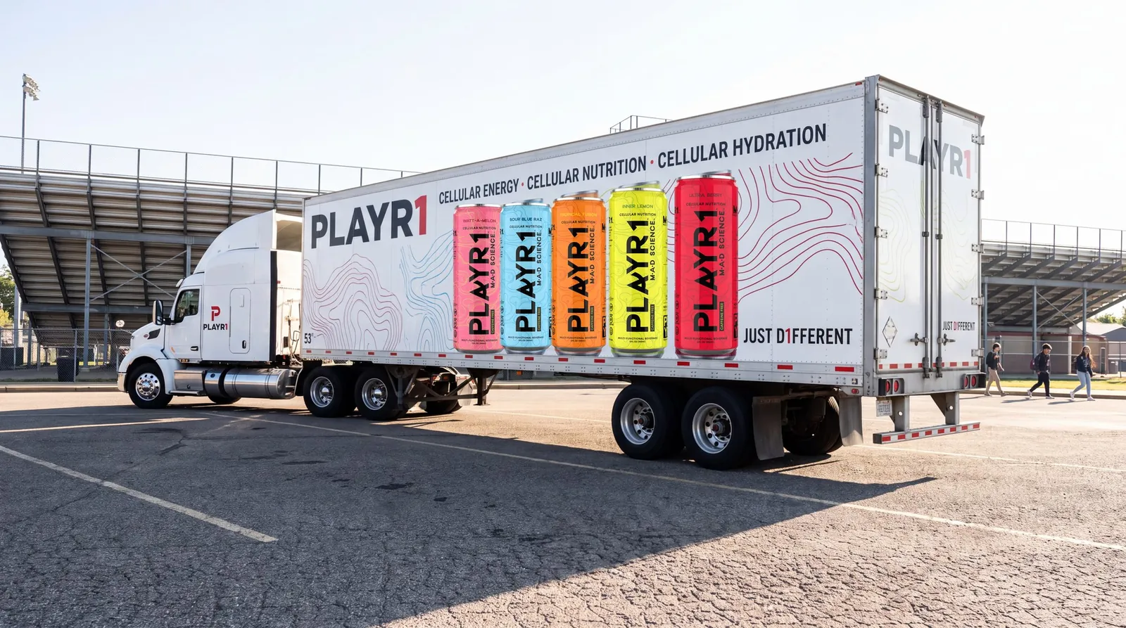 White PLAYR1 truck with the five-can lineup outside a stadium