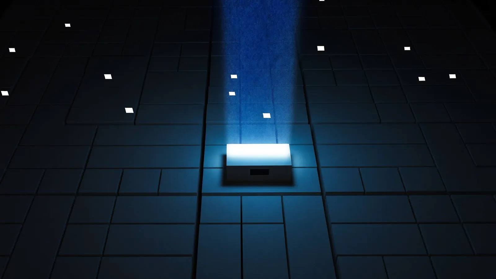 An aerial grid of dark blank blocks with a single shaft of blue light picking out one block, which glows white-blue